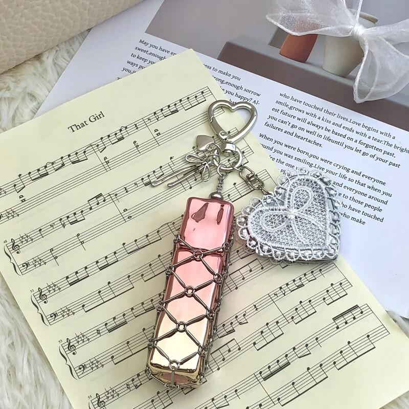 Ins Same Metal Rust Steel Mesh Pocket Lace Diy Bag Pendant Ins Explosive Silver Keychain