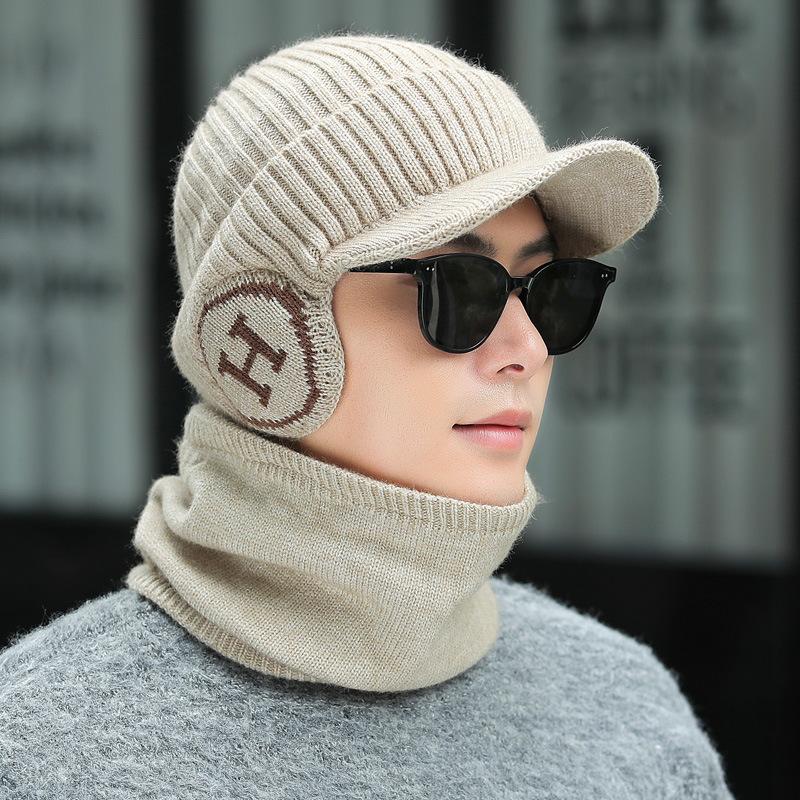 Hat Men's Thickened Warm Knitted Hat Autumn and Winter Plus Velvet Cold Proof Pullover Hat Cycling Earmuffs Men's Woolen Hat Versatile