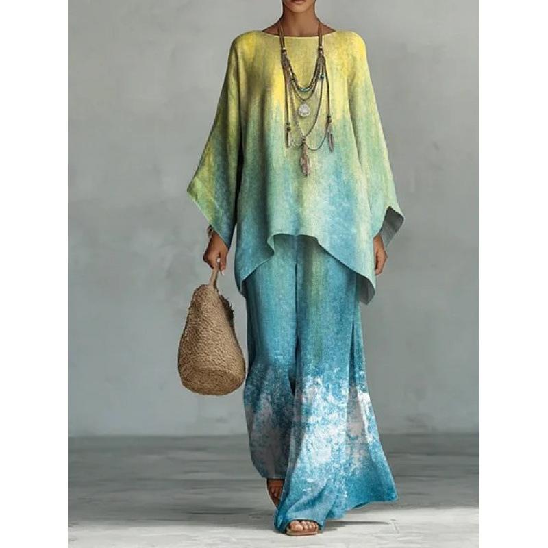 16 European and American artistic sense abstract graffiti set, round neck bat sleeve top + wide-leg pants loose two-piece set