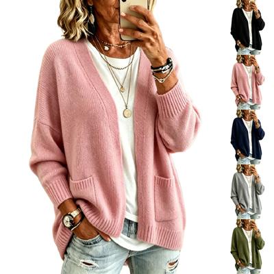 Women's Color Long Sleeve Loose Fit Cardigan Sweater with Pockets for Casual Daily Wear