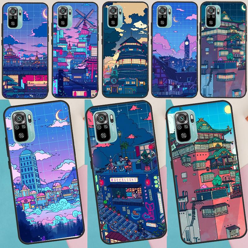 Neon Village Bathhouse Night Case For Xiaomi Redmi 14C 13C 10C 12C Redmi Note 14 Pro 13 12 11 9 10 9S 10S 11S 12S Cover