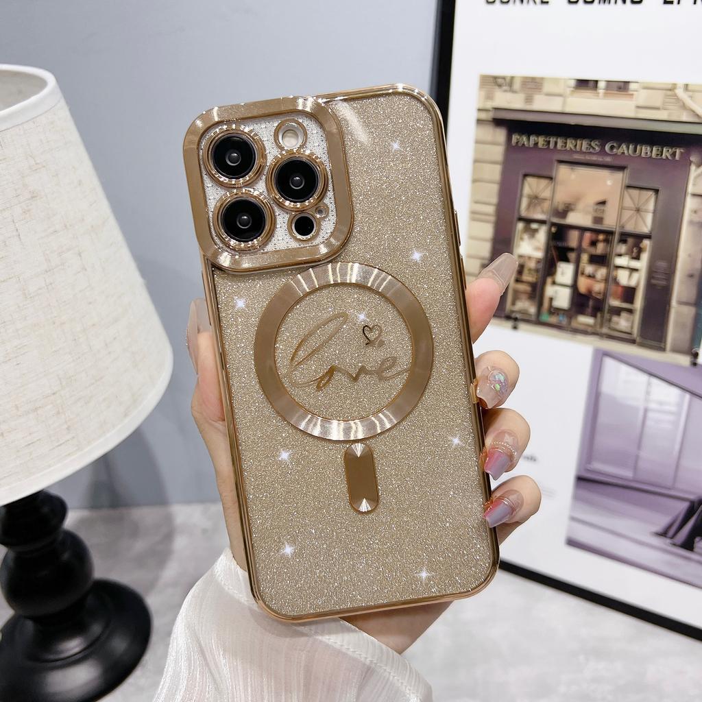 Electroplated Magnetic Soft Case for iPhone 15 Pro Heart Full Coverage Ins Apple 17 Gradient Glitter Phone Case Cover