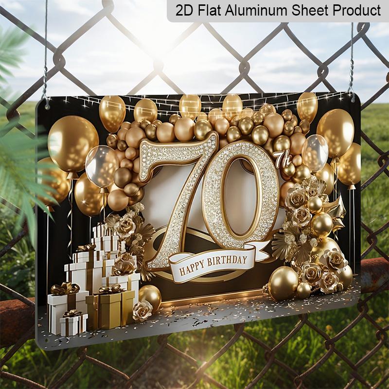 2D Flat, 1pc "70th Happy Birthday" Gold Balloon Aluminium Plaque Sign 12x8 Inch - Black & Gold 70th Birthday Design, Metal Wall Decor for 70th