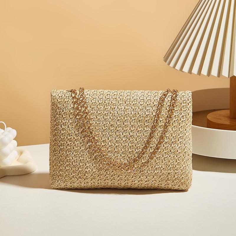 Fashion Straw Women Chain Shoulder Bag Woven High Capacity Buckle Closure Clutch Handmade Crossbody Bag Women