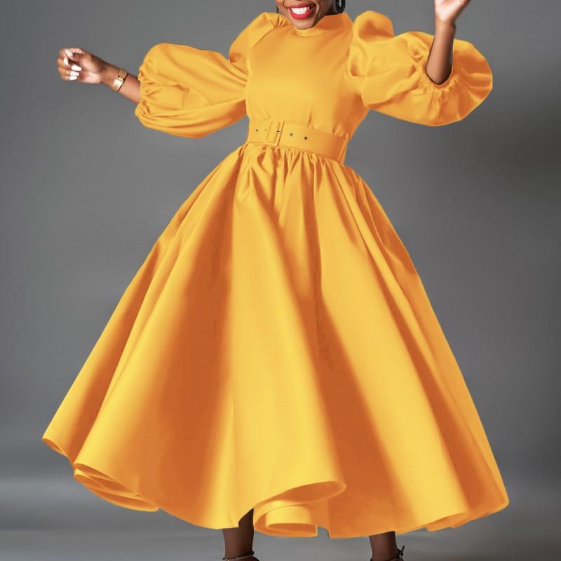 Large Size Women's Clothing Europe America Loose Fashionable Solid Color Big Skirt Bubble Sleeves Medium Long Dress African