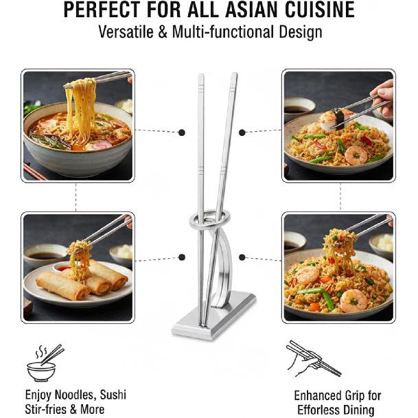 Stainless Steel Chopsticks 5 Pairs, 9 Inch Reble Metal Chop Sticks, Lightweight Hollow Design, Square Anti-Roll & Non-Slip Tips, Dishwasher Safe Food