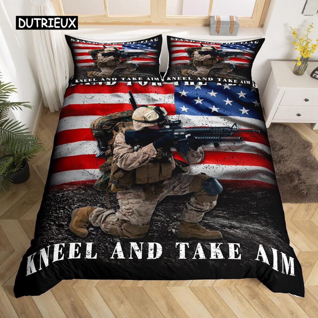 Soldier Duvet Cover Set King Size Soldier Helicopter Silhouette Bedding Set Microfiber 2/3pcs Green Black Military Quilt Cover