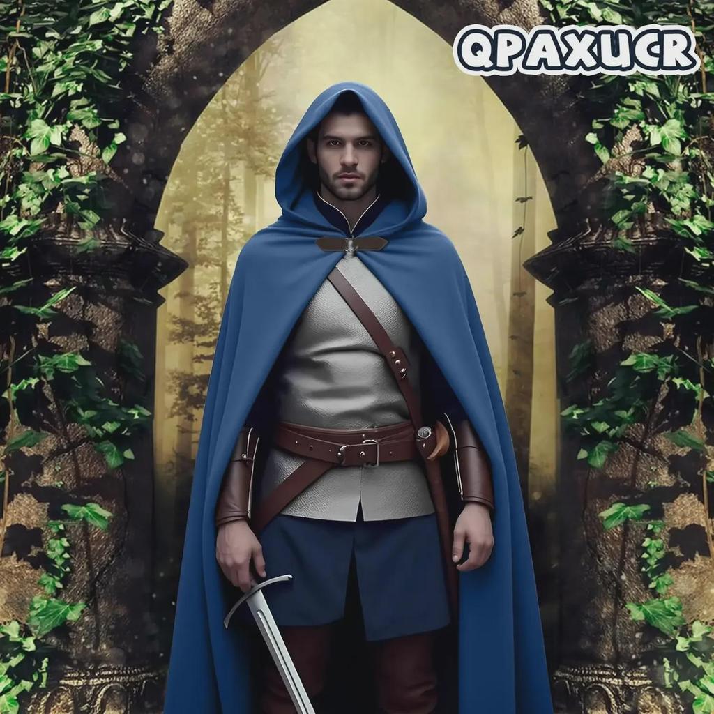 Medieval Hooded Cloak with Round Buckle and Green Leaf Brooch Necklace