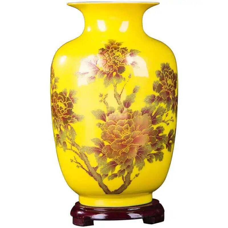 Neue chinesische Stilvase Jingdezhen Gelbe Kristallglasur Blumenvase Heimdekoration Handgefertigt Glänzend Famille Rose Vasen
