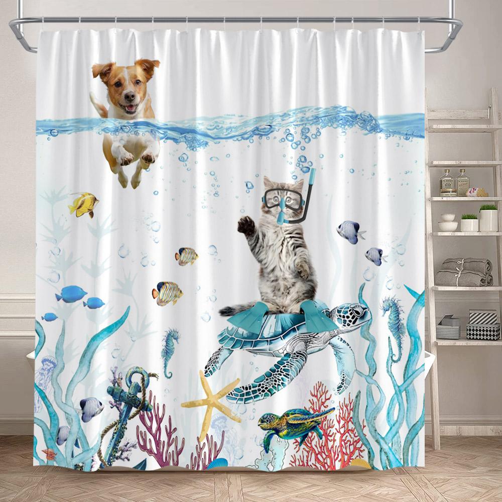 Sea Turtle Shower Curtains Funny Ocean Animals Coral Underwater Scenery Bath Curtain Polyester Fabric Bathroom Decor With Hooks