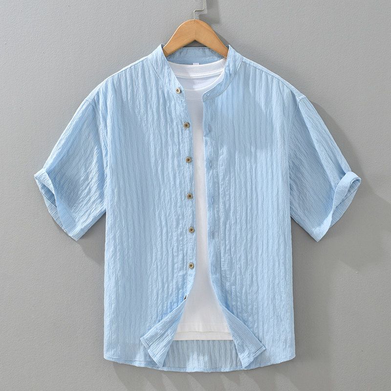 Foreign Trade Surplus Japanese-Style Casual Comfortable Thin Short-Sleeve Shirt for Men, Loose Trendy Chinese Style Stand Collar White Shirt