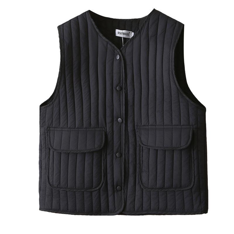 2025 Autumn/Winter Plus Size Vertical Stripe Lightweight Padded Vest for Slimming Chubby Girls, Style 1754