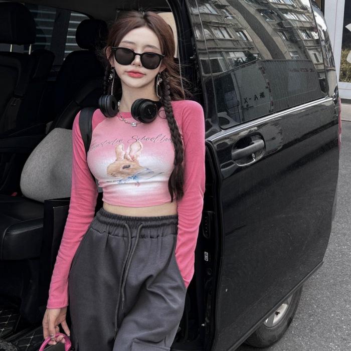 

Милая футболка с длинным рукавом и принтом кролика - Женский базовый топ облегающего кроя для начала осени XL розовый