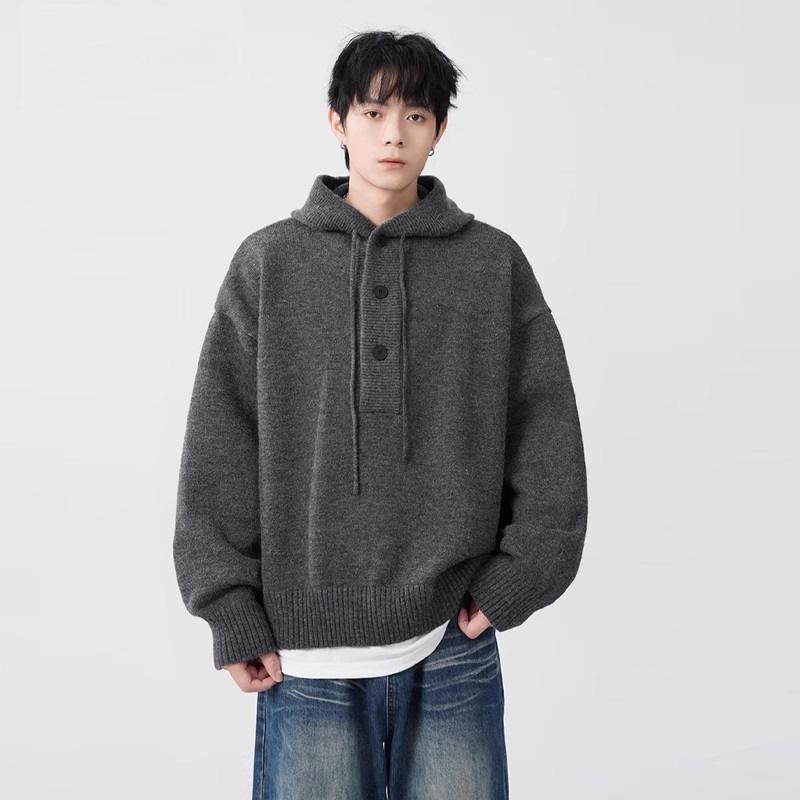 

Унисекс Ретро Серый Вязаный Пуловер с Капюшоном на Зиму Large серый