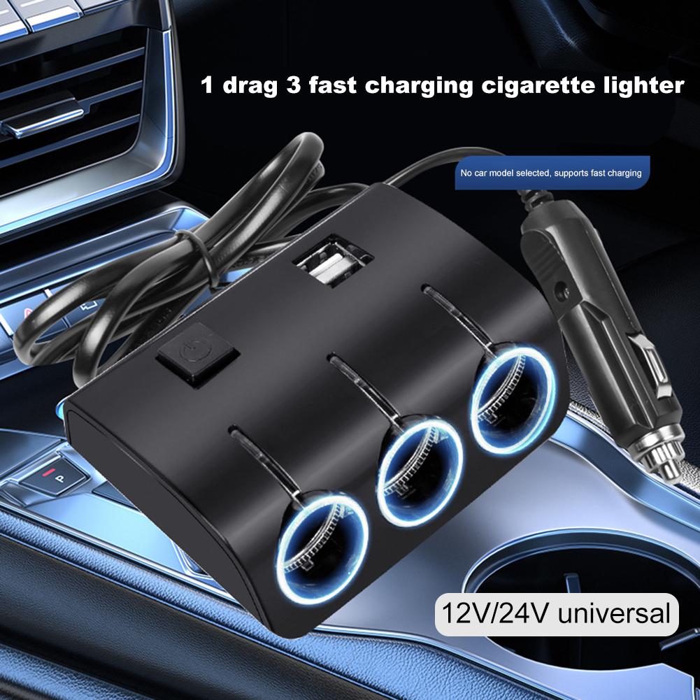 3 In1 Car Cigarette Lighter Socket Splitter with 10A Insurance Tube 2 USB Car Charger Splitter Extender LED Blue Light Indicator