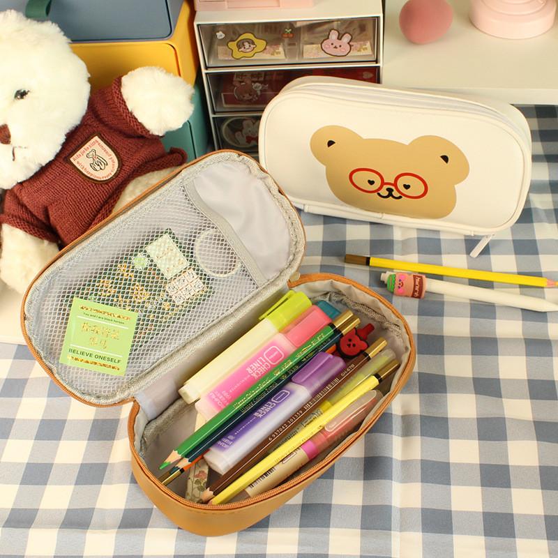 Japanese Style Pu Pencil Bag With Cute Bear Design For School Supplies