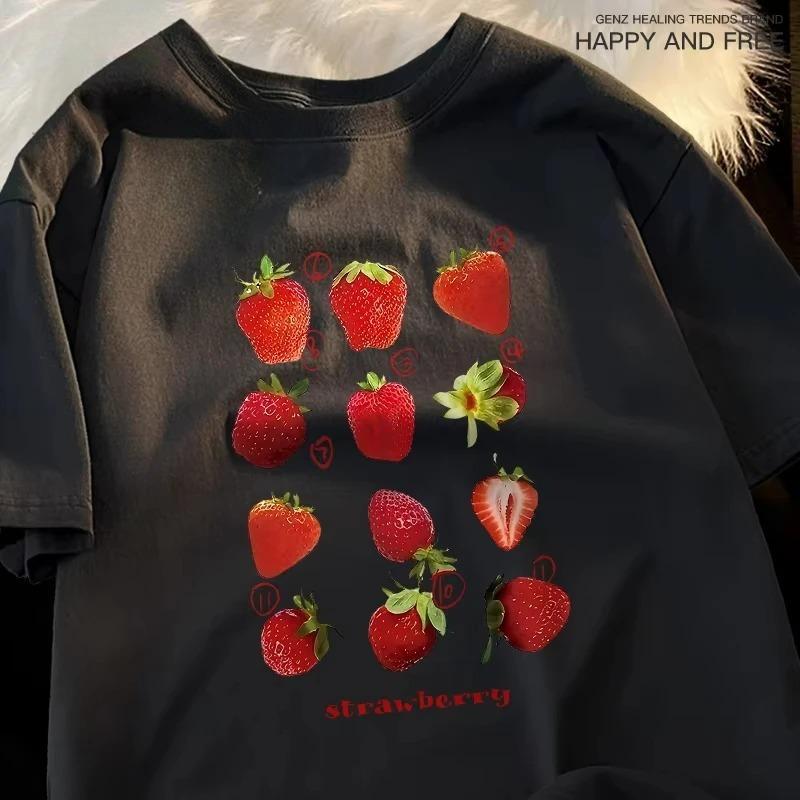 12 Types Strawberry Printing Cotton Tshirts Unisex Unisex Summer Fashion Harajuku Loose Cute Couple Round Neck Tees Kawaii Clothes