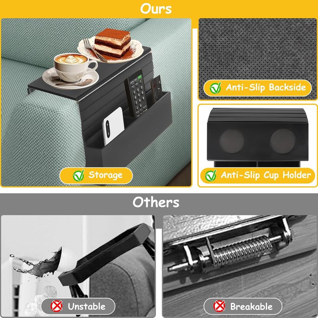 Couch Arm Tray, Couch Arm Table with 2 Non-Slip Cup Coasters and Sofa Backrest Shelf, 19.88 x 12.6 Inch Couch Cup Holder Tray, Stable and Fixed, Easy