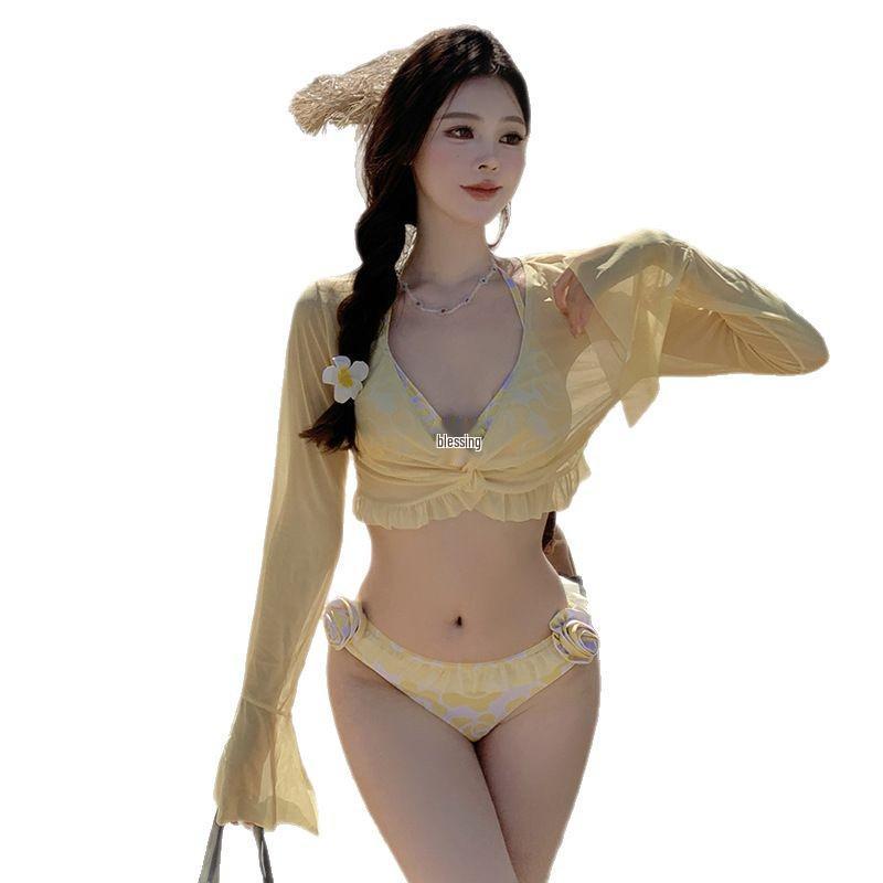 2025 Korean Influencer Blogger Style Sweet Fairy Bikini Three-Piece Beach Set Swimwear