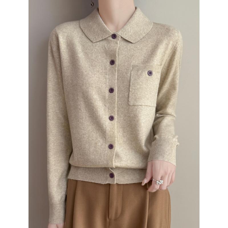 Spring and Autumn Updated Leisure Simple Lapel Knitted Cardigan Single Color Single Pocket Sweater Jacket M