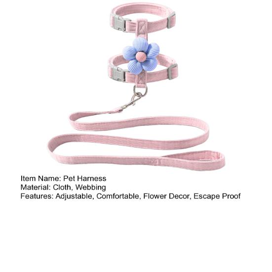 Conjunto Coleira e Peitoral para Gato para Passeio Ajustável Camada Dupla Peitoral para Animais de Estimação com Decoração de Flores Coleira e Guia para Animais de Estimação à Prova de Fuga