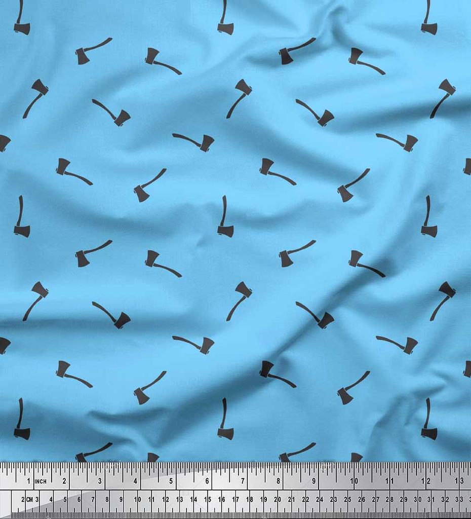 Soimoi Blue Japan Crepe Satin Fabric Axe Hardware Printed Craft Fabric by the metre 42 Inch