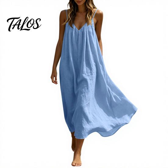 Flowy Beach Dress Women's Spaghetti Strap Sundress, Summer Sleeveless V Soft Fabric Neck Cami Dress, Loose Vacation Long Multi-detail Design