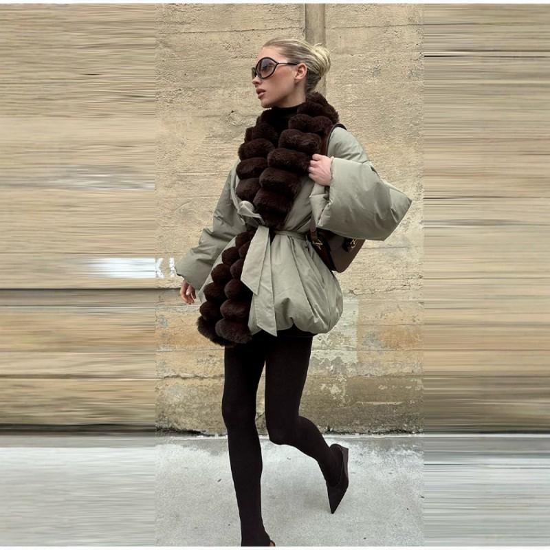 Womens Long Wool Blend Coat With Real Fox Fur Trim V-Neck Belted Outerwear Winter Fashion