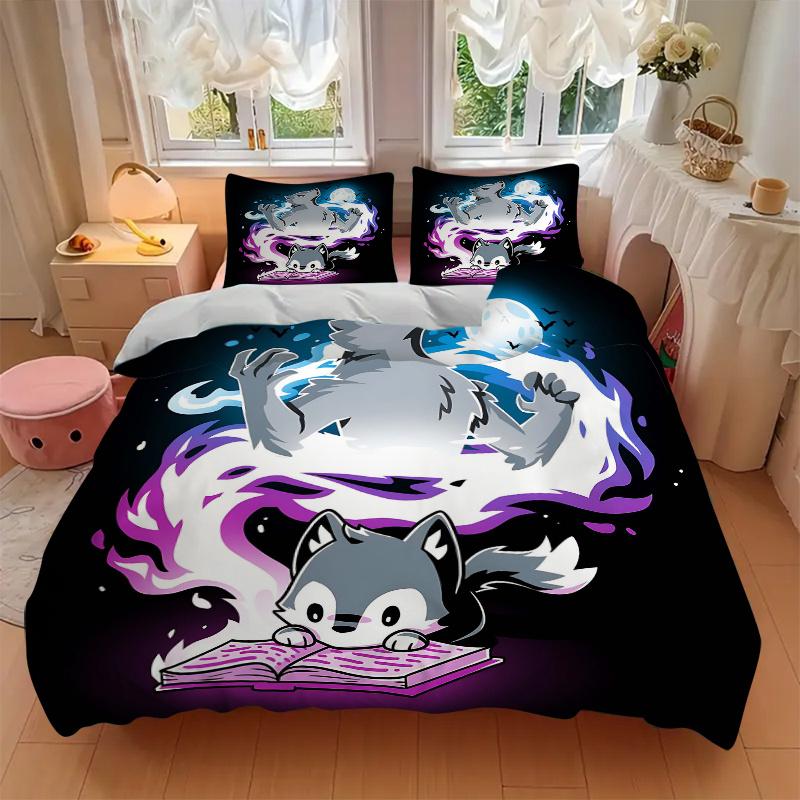 3-teiliges Magischer Wolf Aufdruck Bettwäsche-Set, Weiche und Bequeme Bettbezüge für Schlafzimmer, Gästezimmer (1 Bettbezug + 2 Kissenbezüge, Kissenkerne Nein