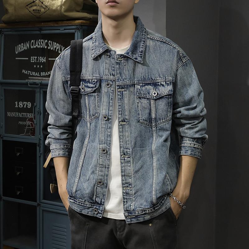 

Американская ретро-стираемая белая джинсовая куртка мужская свободная большого размера Ruffian Handsome Trend Tooling Jacket Denim 5XL