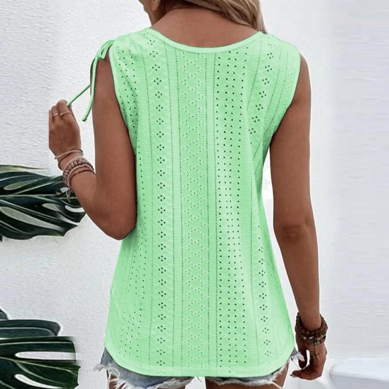 U Neck Summer Women Hollow Out Tank Tops Sweet Solid Color Sleeveless Blouse Fashion Elegant Buttons Shirts Large Size Office Simple Casual Clothing