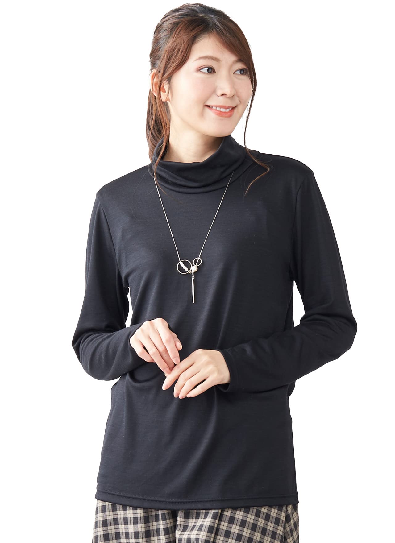 

749 Мериносовая шерсть водолазка с высоким горлом сделано в Японии крой и шитье длинный рукав внутренний базовый слой нижнее белье альпинизм однотонная [SPAN] футболка женская чёрный