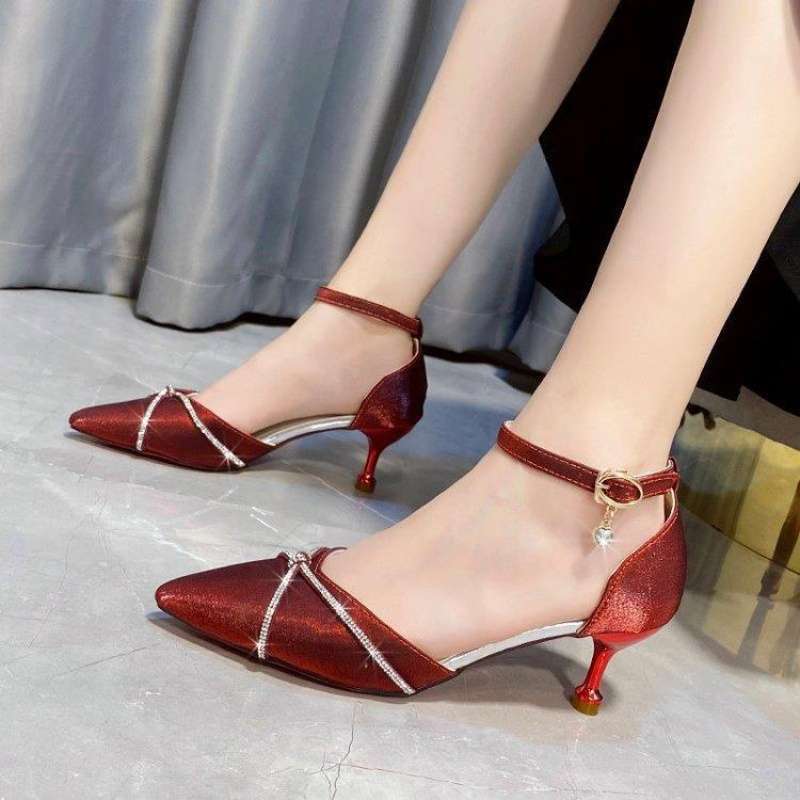 Red Satin Wedding Shoes New Korean Version French Pointed Rhinestone One-word Buckle Hollow Women's Single Shoes Stiletto High Heels