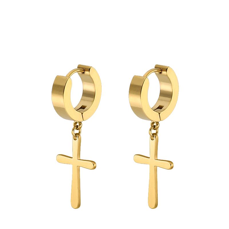 2PC Men Punk Cross Stars Dangle Earrings Women Gothic Stainless Steel Cross Ear Stud Earrings Piercing Huggies Pendant Zircon