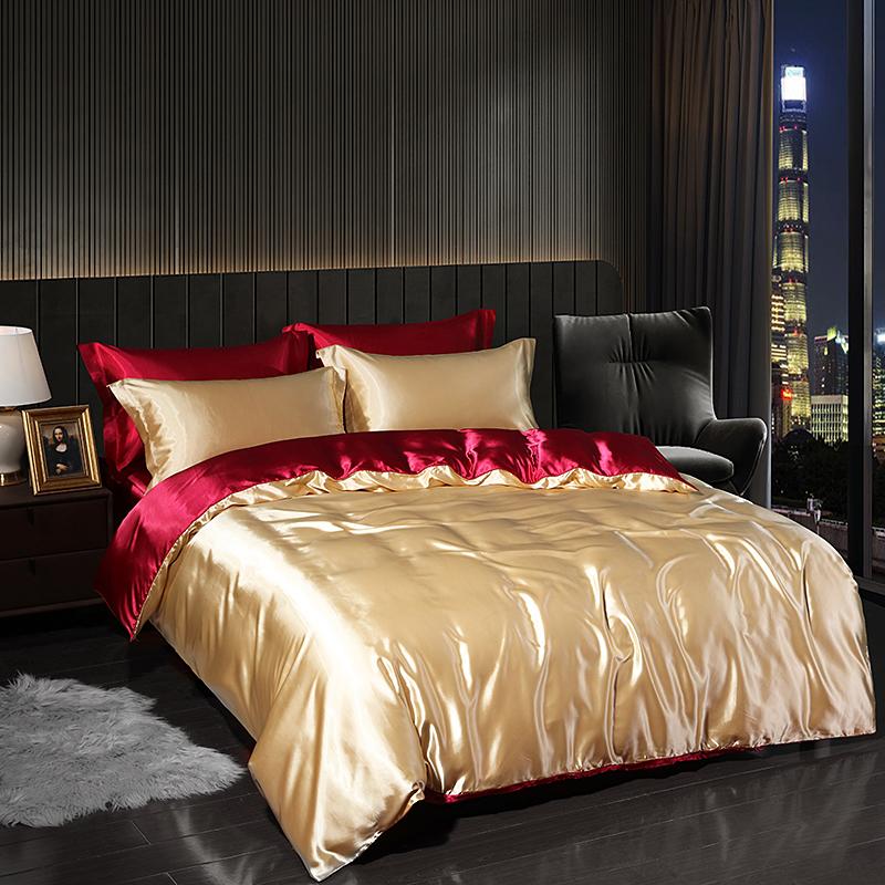 Luxury Satin Bedding Set with Flat Sheet Duvet Cover High End Bedding Set High Density Satin Solid Color Bedding