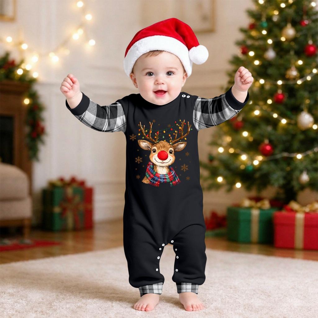 Christmas Family Matching Outfit Set with Neck Printed Top and Pants for Holiday Photos