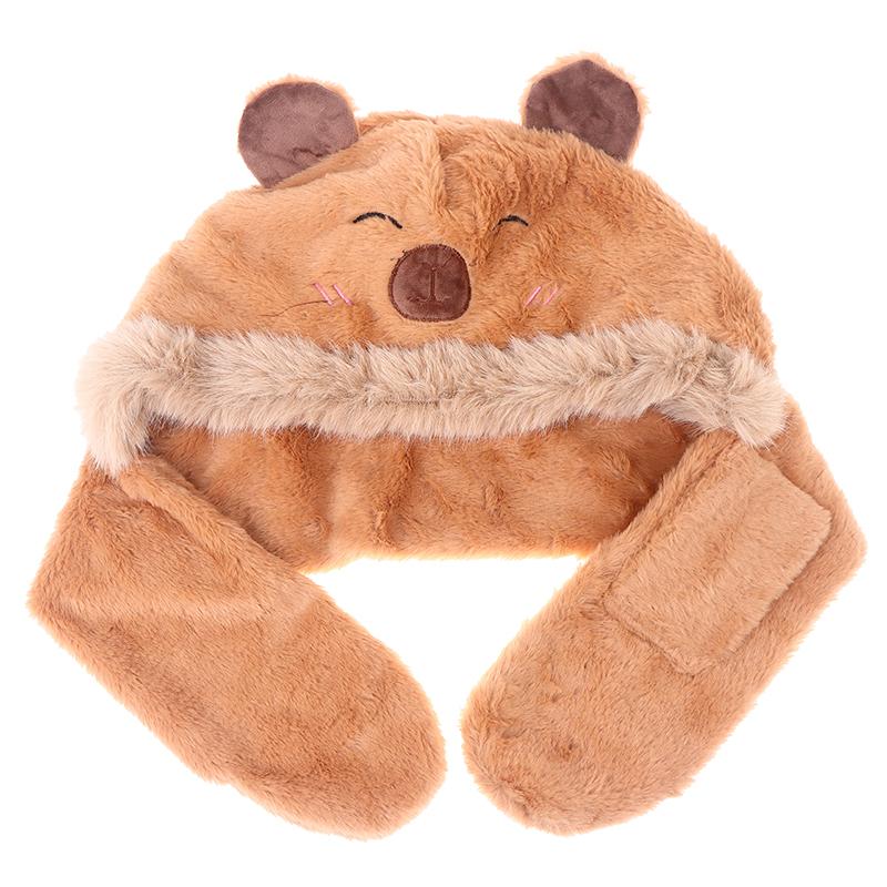 Trendy Cute Cartoon Capybara Hat Scarf Winter Warm Scarf Hat For Women Girls Kawaii Ear Protection Soft Furry Scarf Cap Gifts