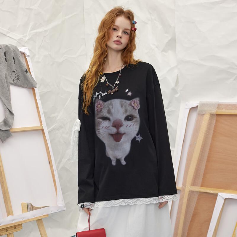 UNIFREE Cute Animal Print Lace Trim T-Shirt