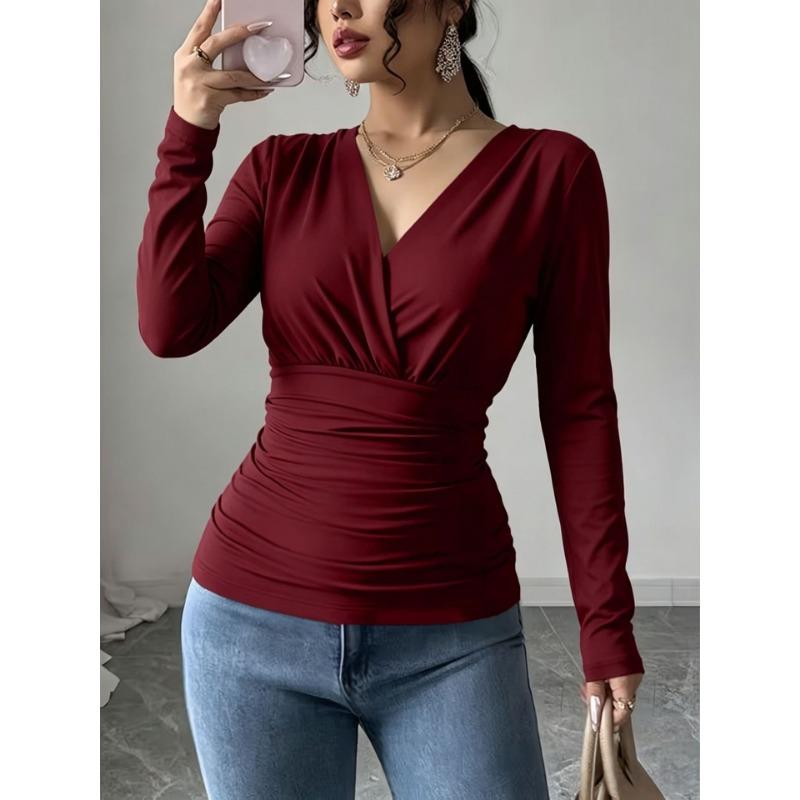 Women White Deep V Cross Front Waist Ruched Slim Long Sleeve Fitted Basic Top
