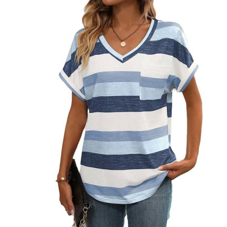 Women Cross Border Fashion T Shirt European American Striped V Neck Bat Sleeve New Spring Summer Collection