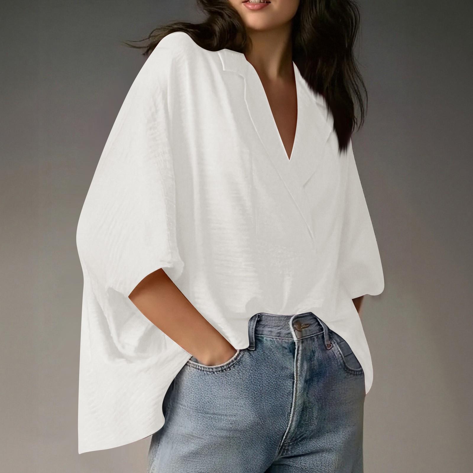 

Женская Мода Повседневная Рубашка с Рукавом Три Четверти V-образный Вырез Струящийся Лацкан Пуговицы Деловая Рубашка Топы M белый