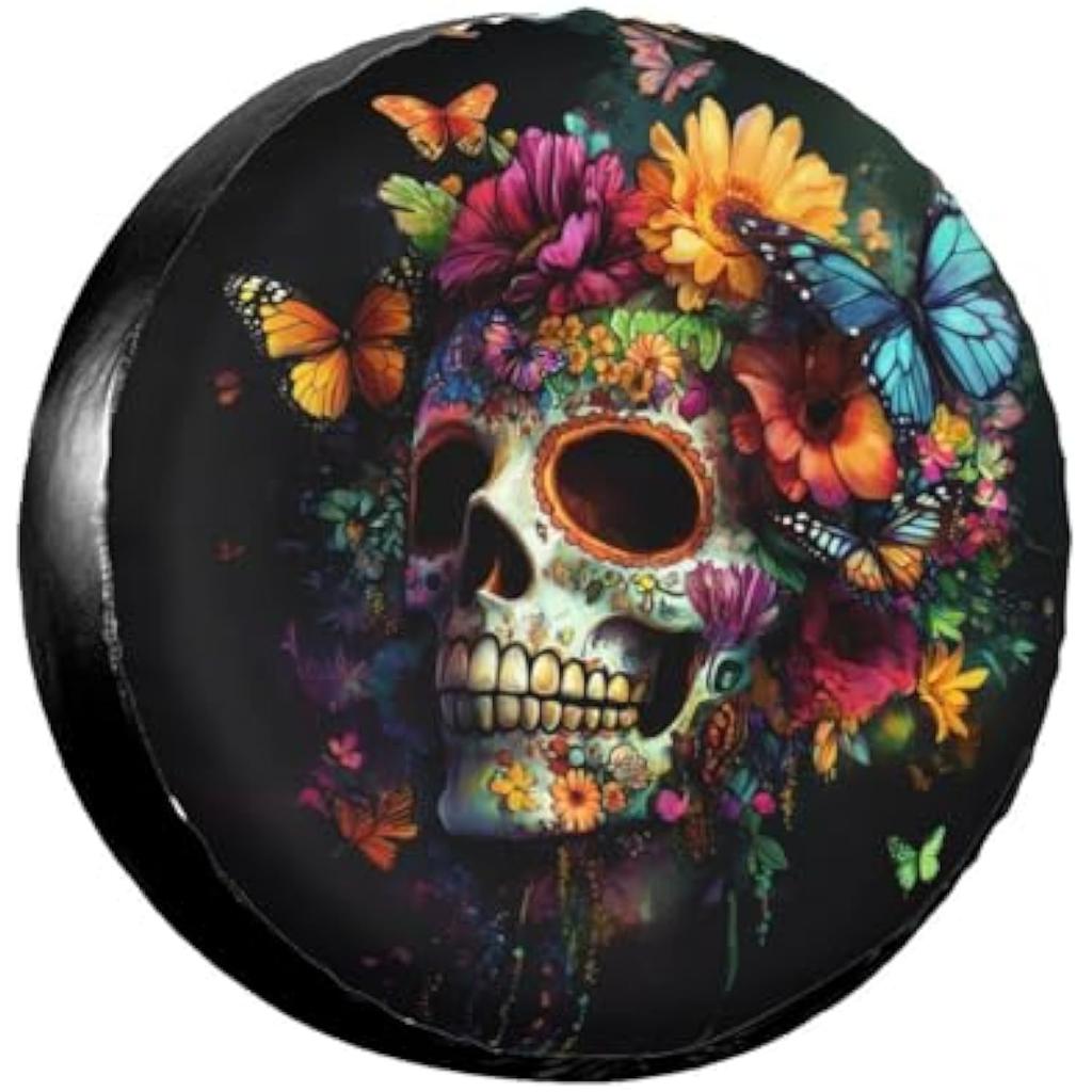 Sugar Skull Butterfly Floral Spare Tire Cover Day of The Dead Wheel Protector Weatherproof Cover for RV SUV Truck