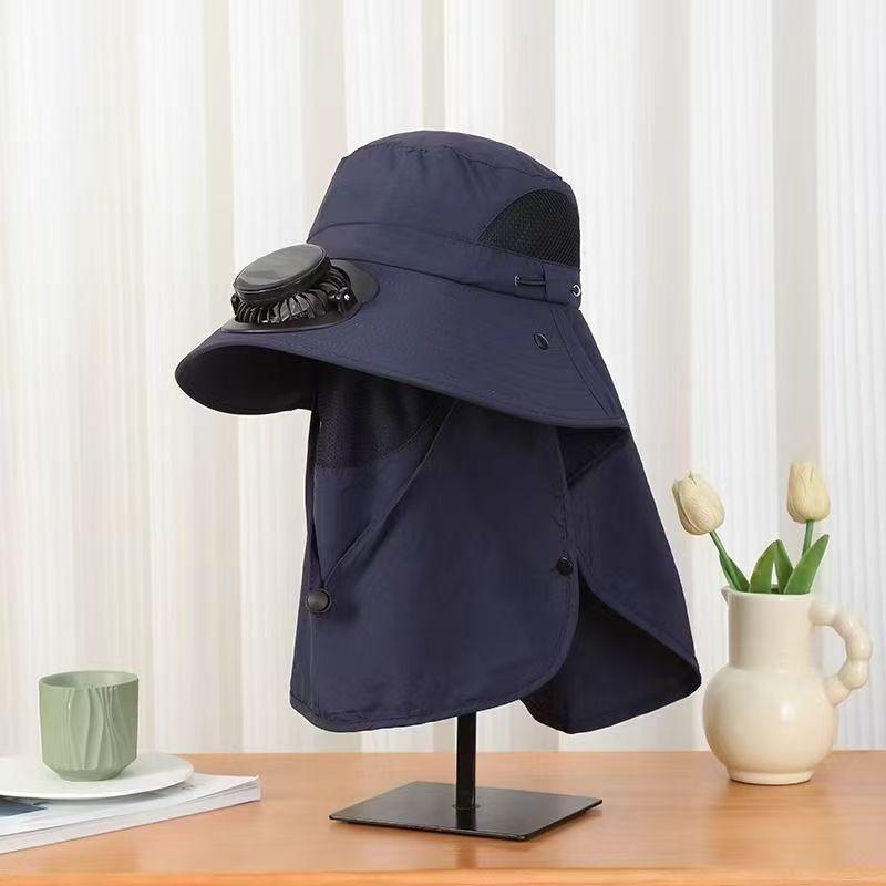 

Solar Powered Dual Fan Sun Hat With Wide Brim For Outdoor Fishing Hiking Mountaineering Sun Protection Adjustable Headband темно-синього кольору