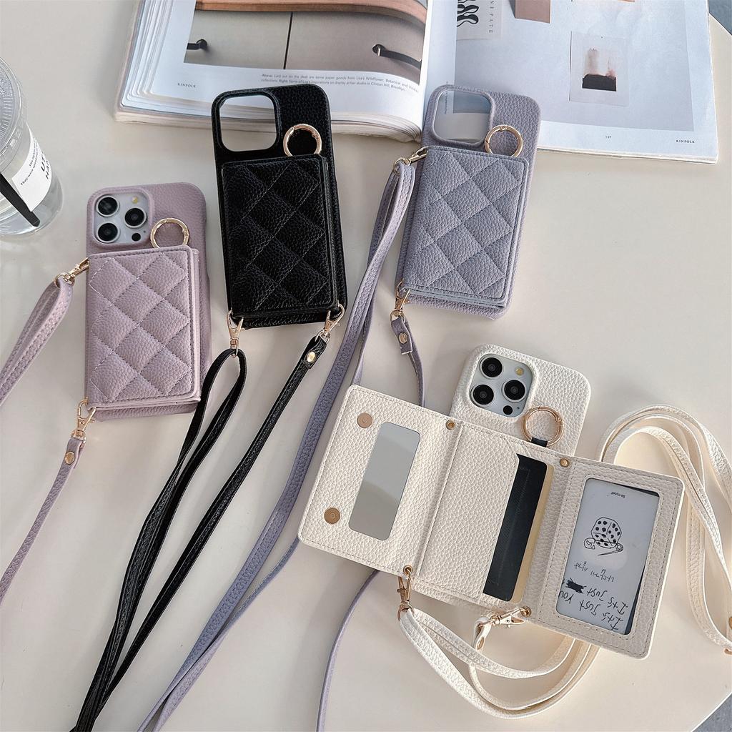 Applicable To Iphone17promax Apple 14 Flip Card Bag, Xiaoxiangfeng Rhombus Messenger Phone Case Ip16E Female