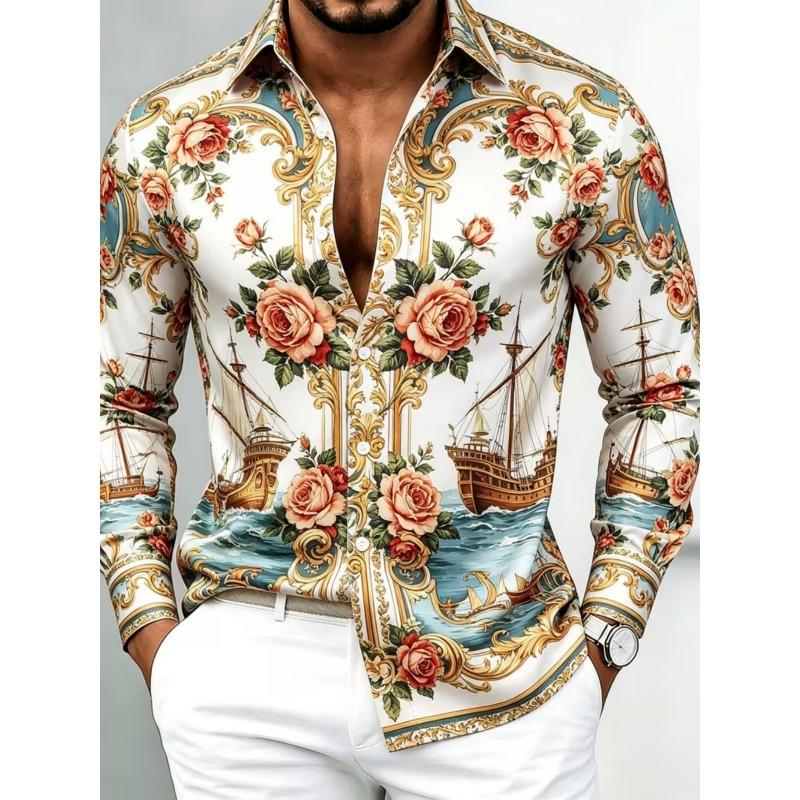 Men's New Series Long Sleeved Satin Shirt, 3D Printed with Various Printed Patterns, Luxurious and Fashionable