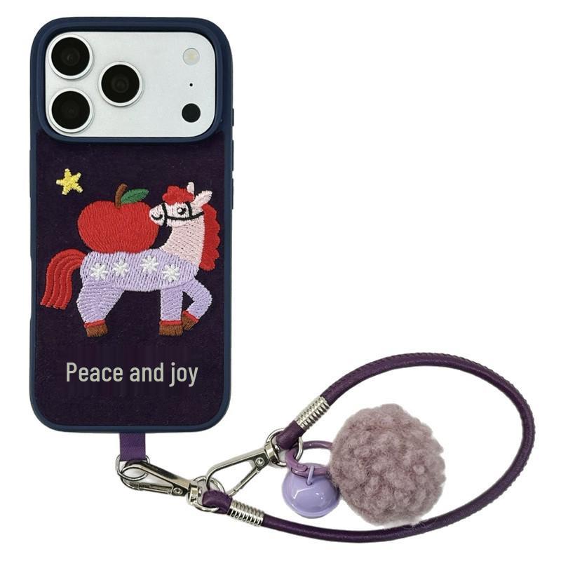 Velvet Embroidered Peaceful Joy Little Horse Phone Case for iPhone 14/15/16 Pro Max/17, High-End