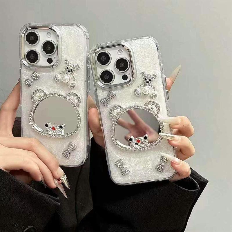 Pearl Bow Bear Mirror Phone Case for IPhone 17 Pro Dropping Glue for Apple 15 Shining Pink 14 Women's Edition