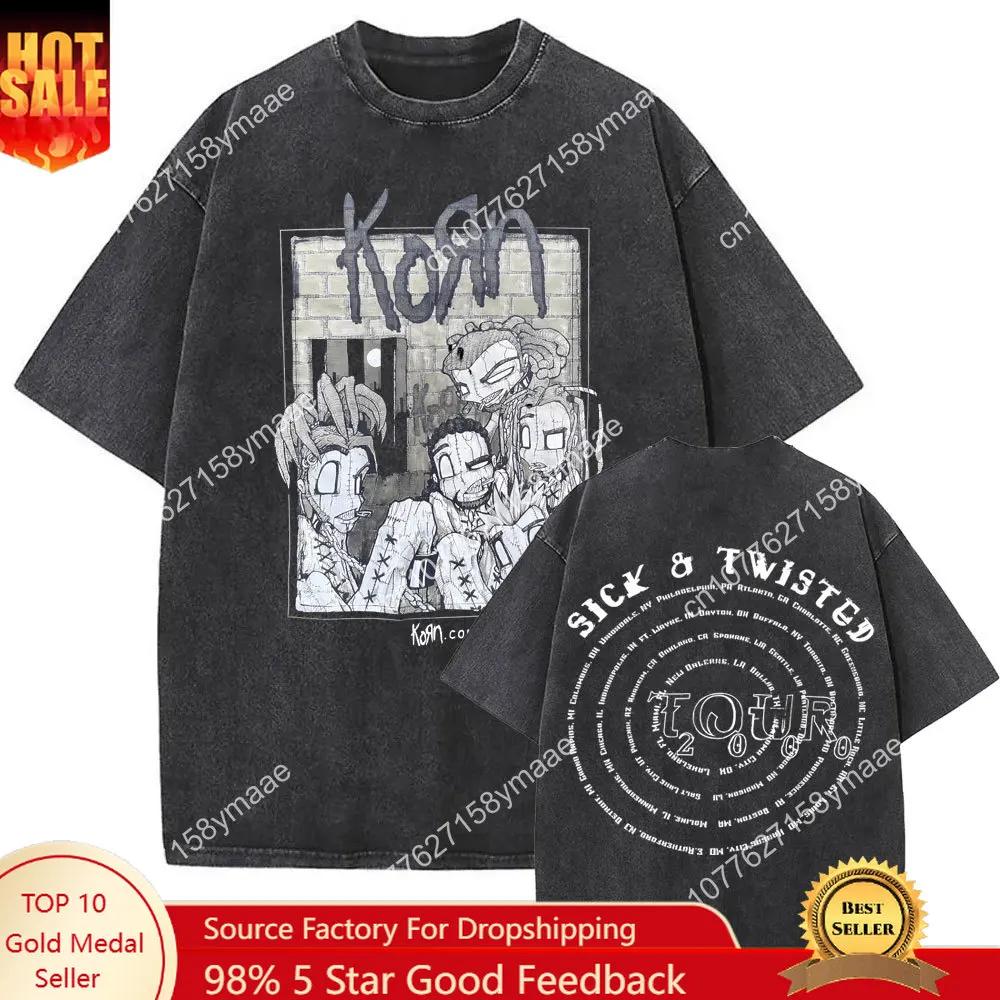 Washed Vintage Rock Band Korn Sick & Twisted Tour 2000 Tshirts Male Alternative Nu Metal Music T-shirt Oversized T Shirts