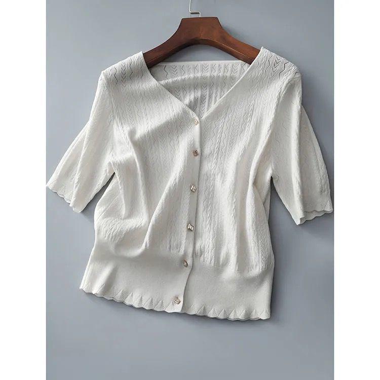 2026 Summer Women's Ice Silk Knit Cardigan: Korean Style V-Neck, Solid Color, Short Sleeve, Slim, Hollow Design, Sun Protection.