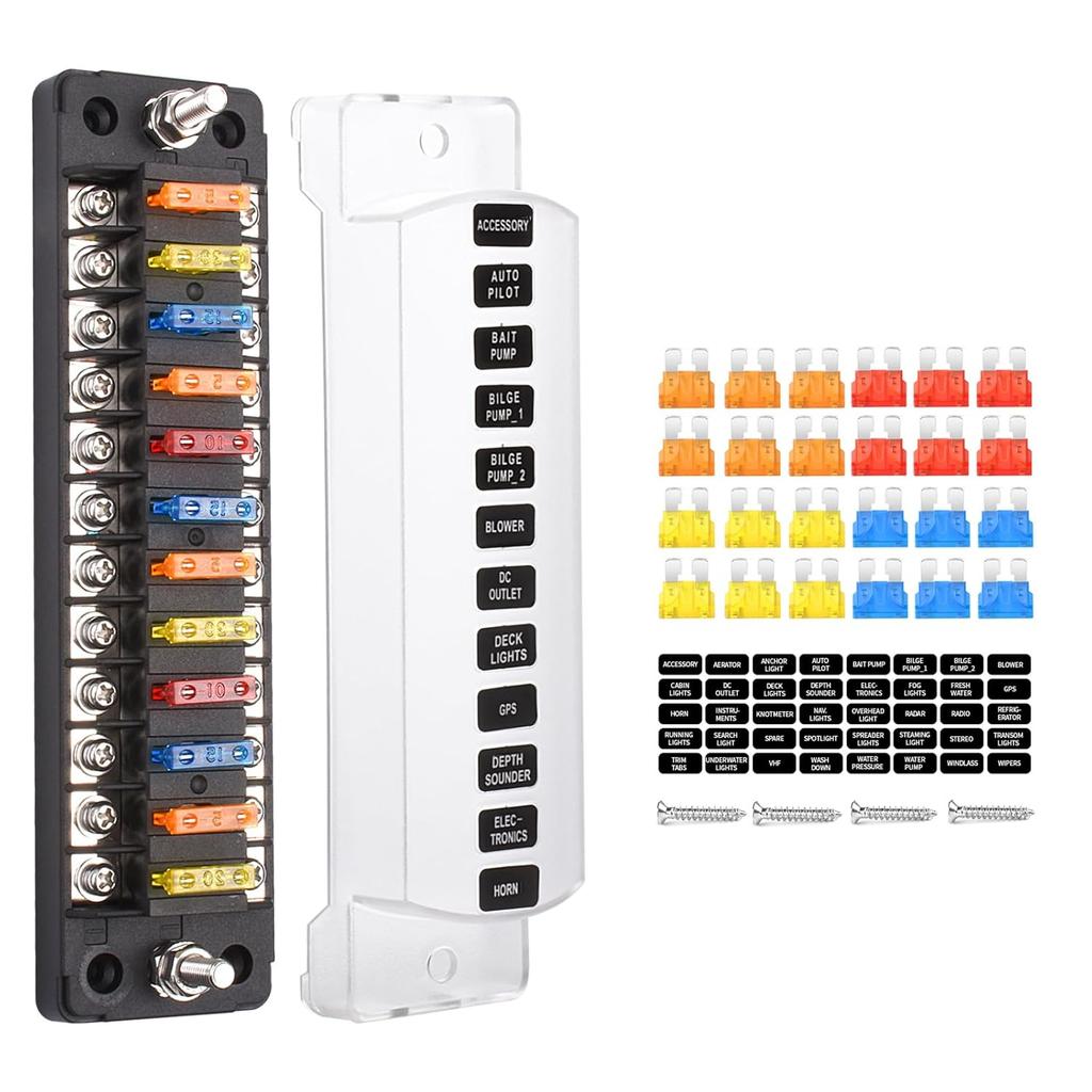 Fuse Block Blade Marine Fuse Panel Fuse Box ATC/ATO Waterproof Cover Negative Bus Included No LED Indicator for Car Boat Yacht RV Trailer Truck SUV